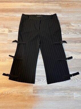 VIEW Black Pinstripe Buckle Detail Mid-Calf Trousers Y2K Pants Size 12